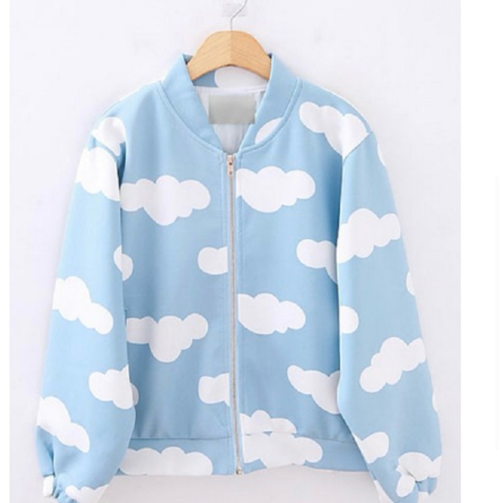 Sky Blue Cloud Pattern Print Bomber Jacket - image 1